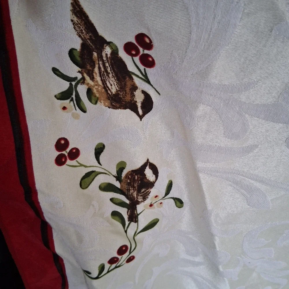 Vintage 90s Y2k Christmas Tablecloth Damask Cardinal Poinsettia 60x84